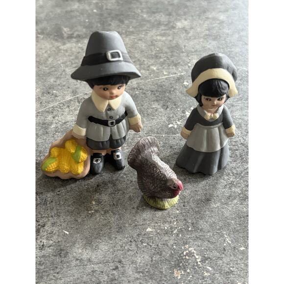 Fall Figurines Turkey Pilgrim Girl & Boy Ceramic Vtg Thanksgiving Decor Set of 3 - Picture 1 of 7